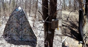 Two-person blind, Moultrie trail cam, and DevourBait deer feeder; ready for Spring hunting.